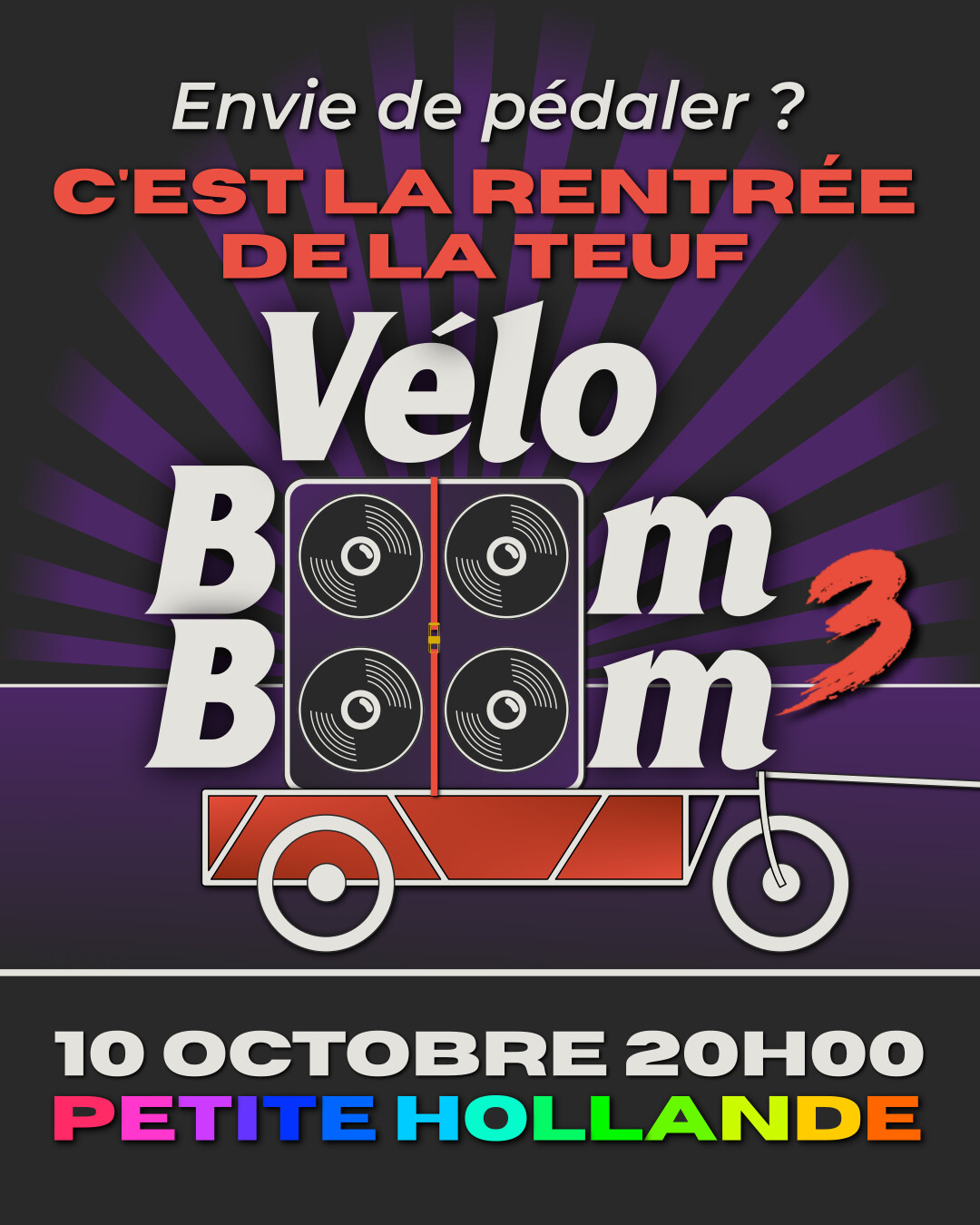 Envie de pédaler ? C'est la rentrée de la teuf ! Véloboomboom 3, le 10 octobre à 20h00 sur la place de la Petite Hollande.