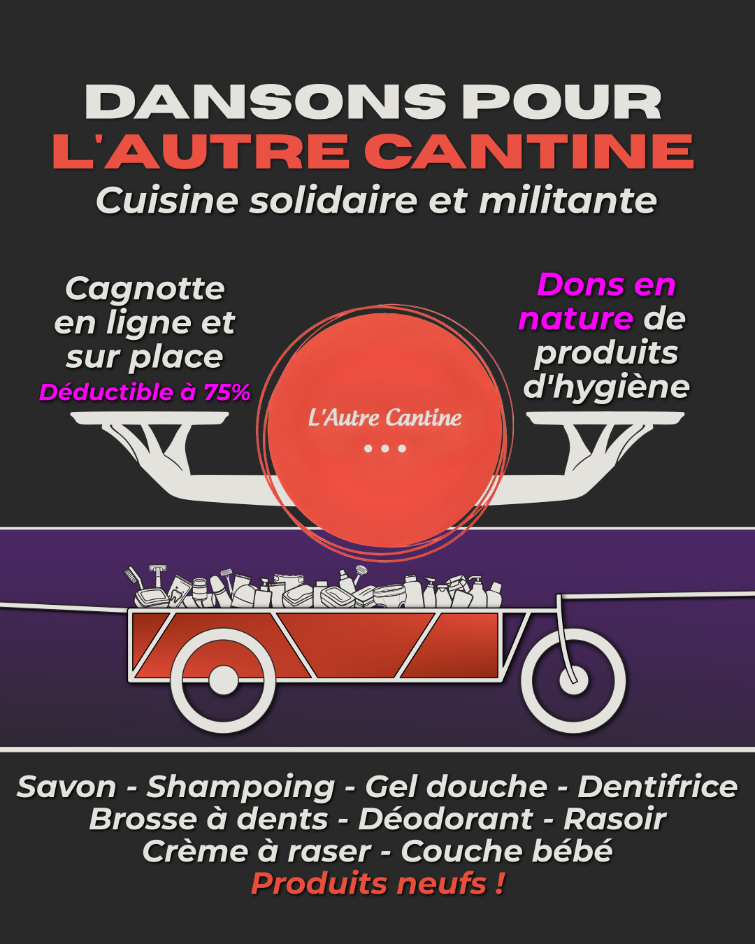 Dansons pour l'autre cantine, la cuisine solidaire et militante de nantes. Cagnotte en ligne et sur place déductible à 75%, dons en nature de produits d'hygiène : savon, shampoing, gel douche, dentifrice, brosse à dents, déodorant, rasoir, crème à raser, couche bébé. Produits neufs !