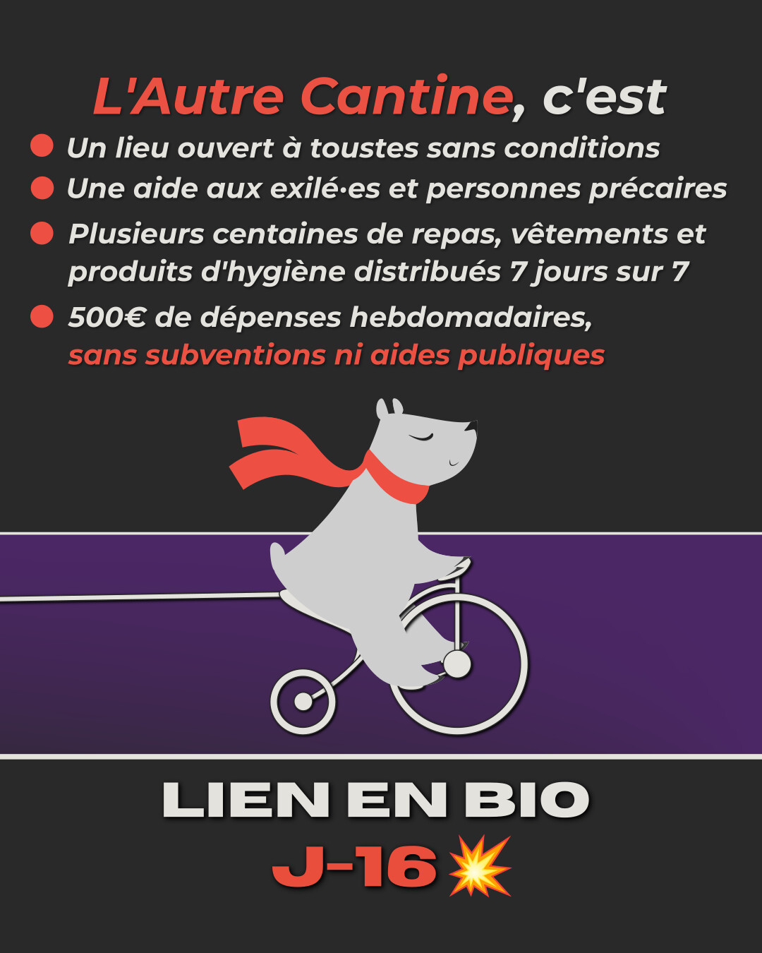 L'autre cantine, c'est un lieu ouvert à toustes sans conditions. Une aide aux exilé·es et aux personnes précaires. Plusieurs centaines de repas, vêtements et produits d'hygiène distribués 7 jours sur 7. 500€ de dépenses hebdomadaires, sans subventions ni aides publiques. Lien de la cagnotte en bio, J-16 !