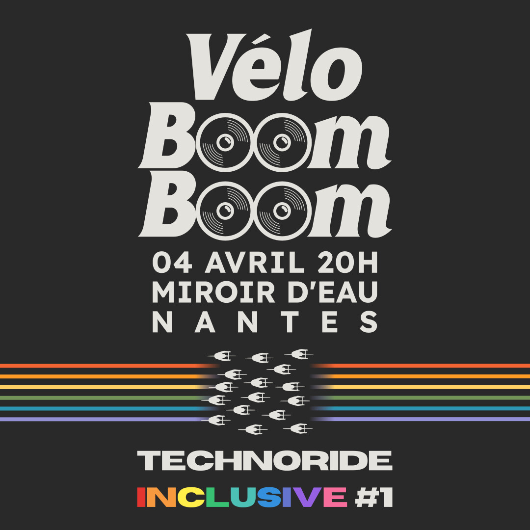 Annonce de l'évènement Vélo Boom Boom : le 4 avril à 20h au Miroir d'eau à Nantes, une technoride inclusive première édition.