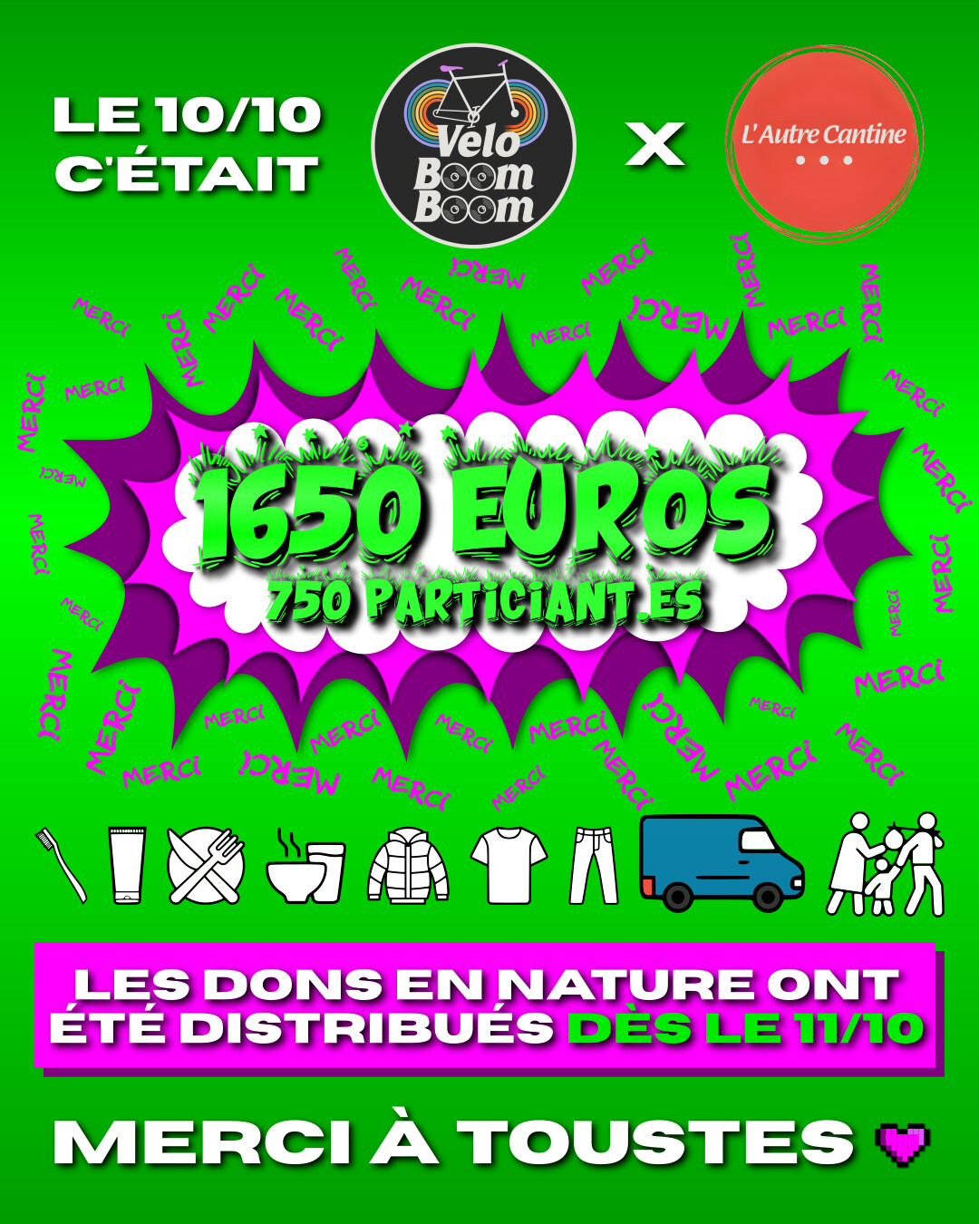 Le 10 octobre c'était la Véloboomboom avec l'Autre Cantine de Nantes. 1650 euros récoltés et 750 participant·es ! Les dons en nature ont été distribués dès le 11 octobre. Merci à toustes !