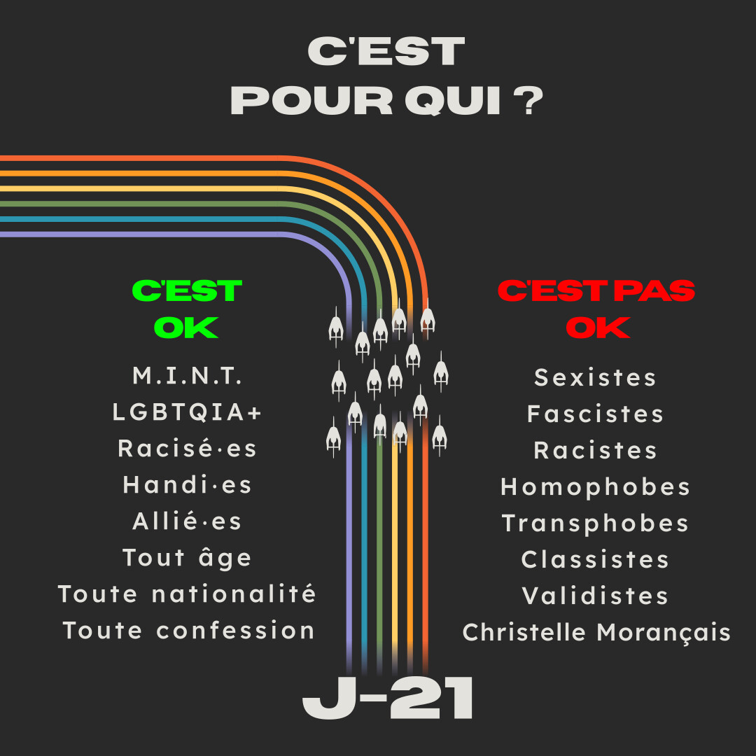 Visuel précisant pour qui est la Vélo Boom Boom : c'est ok pour M.I.N.T. qui est Meuf, Intersexes, Non Binaires, Trans, LGBTQIA+ qui est Lesbiennes, Gays, Bisexuel·les, Trans, Queer, Intersexes, Asexuel·les & Aromantiques, Racisé·es, Handi·es, Allié·es, pour tout âge, toute nationalité et toute confession. Ça n'est pas ok pour les sexistes, fascistes, racistes, homophobes, transphobes, classistes, validistes et Christelle Morançais.