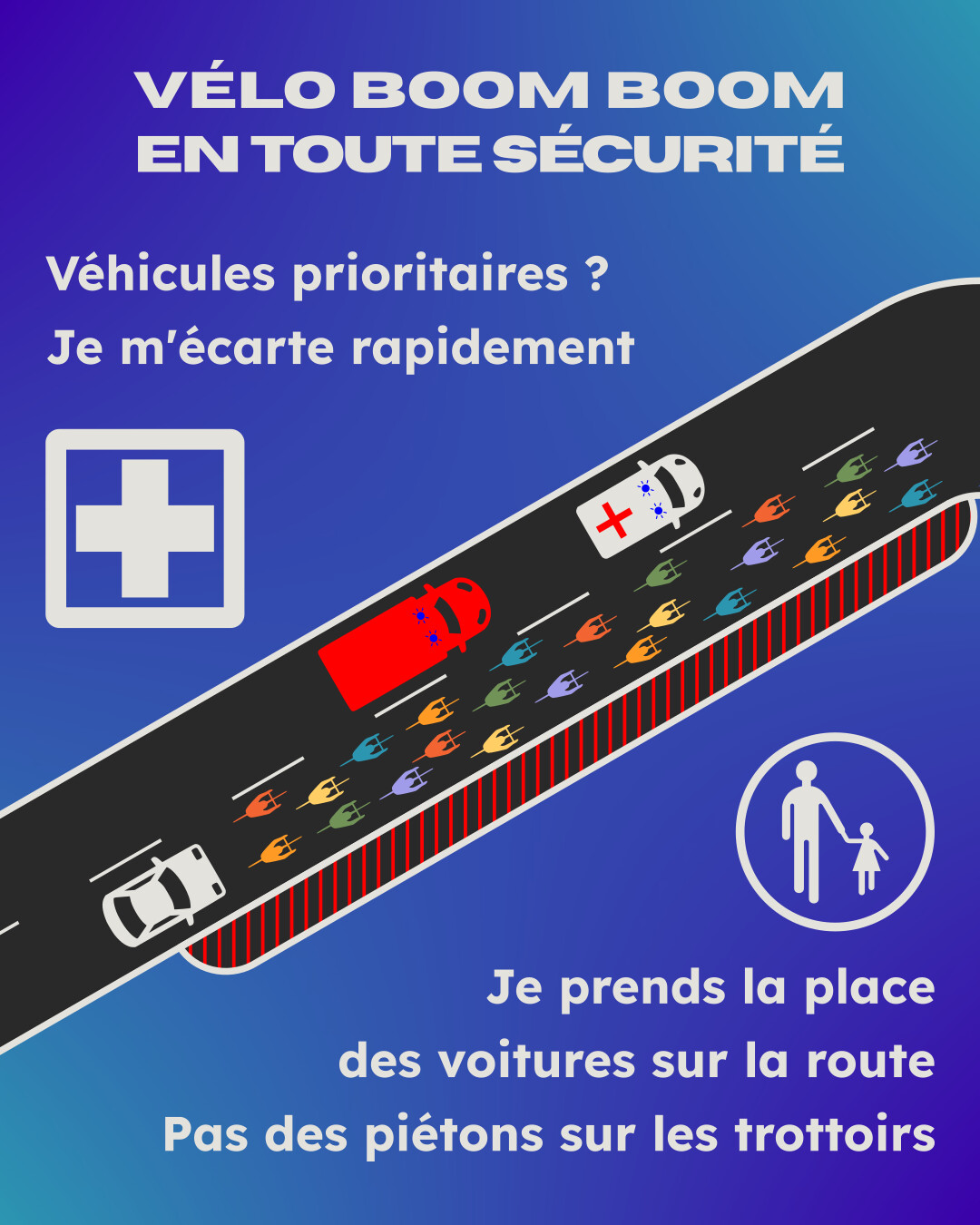 Vélo Boom Boom en toute sécurité. Si des véhicules prioritaires arrivent, je m'écarte rapidement. Je prends la place des voitures sur la route, pas des piétons sur les trottoirs.