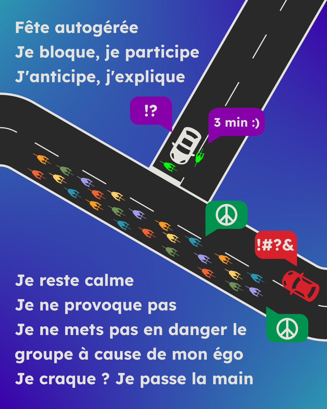 Fête autogérée. Je bloque, je participle, j'anticipe, j'explique. Je reste calme, je ne provoque pas, je ne mets pas en danger le groupe à cause de mon égo. Si je craque, je passe la main.