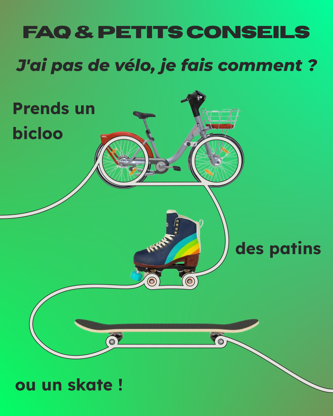 Foire aux questions et petits conseils : j'ai pas de vélo, je fais comment ? Prends un bicloo, des patins ou un skate !