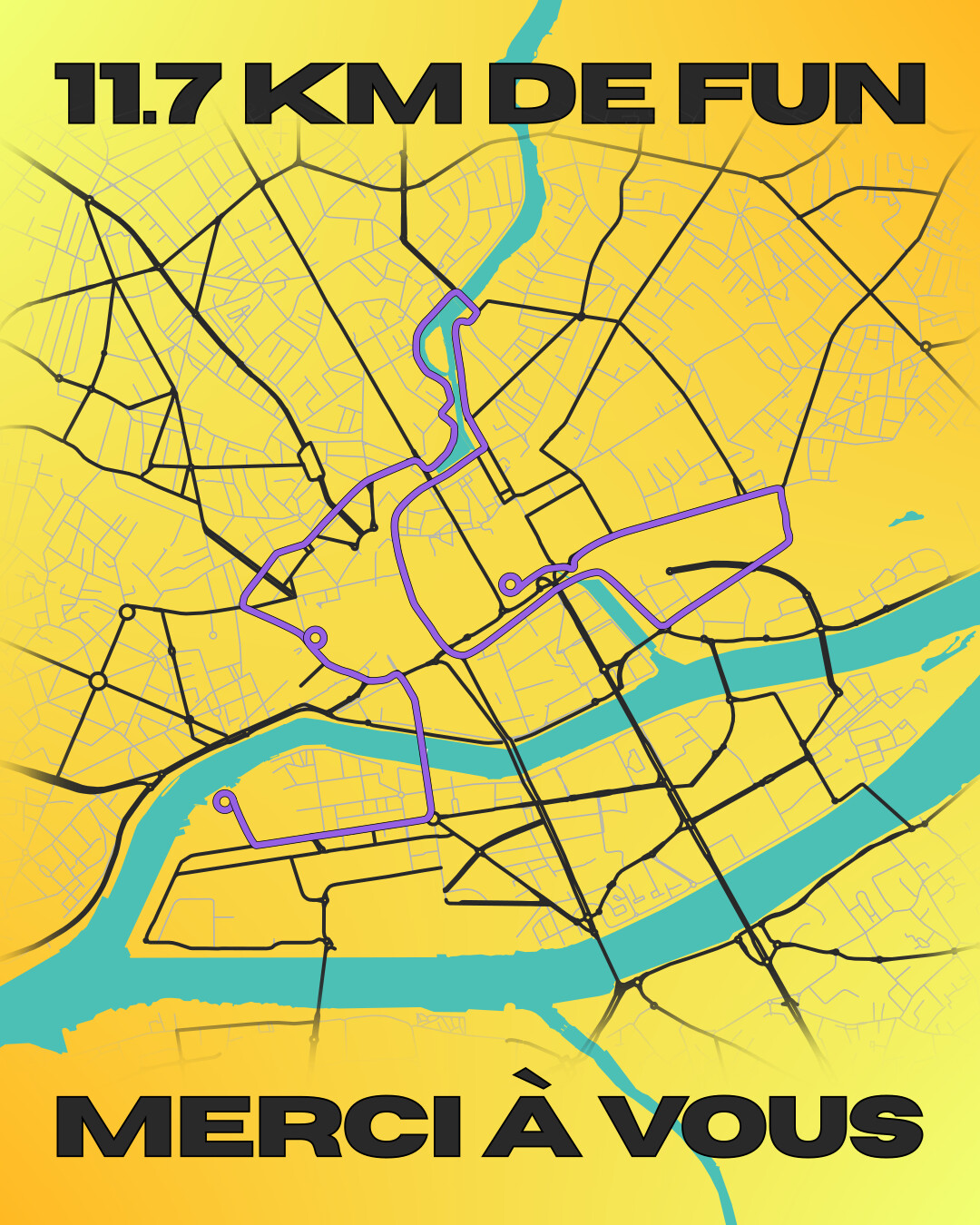 11,7 kilomètres de fun, merci à vous ! Carte de Nantes avec le parcours de la Véloboomboom édition 1.