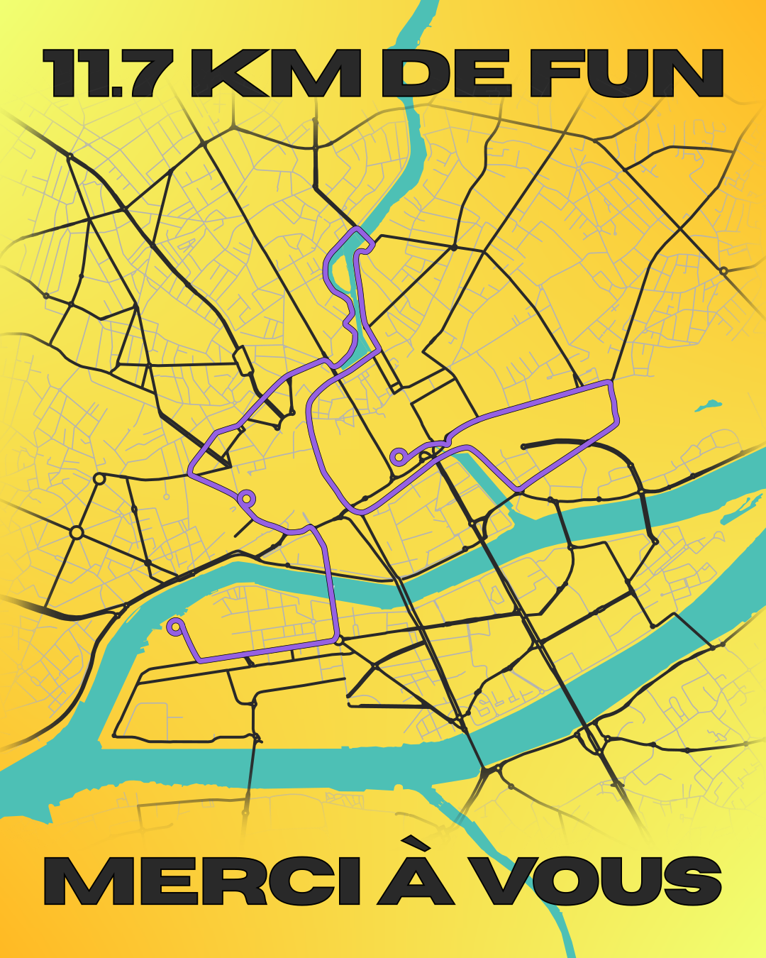 11,7 kilomètres de fun, merci à vous ! Carte de Nantes avec le parcours de la Véloboomboom édition 1.