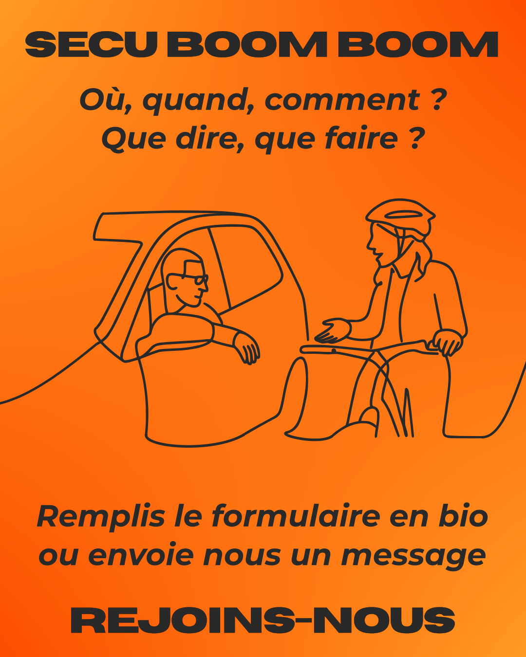 Sécu boom boom : où, quand, comment, que dire, que faire ? Remplis le formulaire en bio ou envoie nous un message. Rejoins-nous ! 
