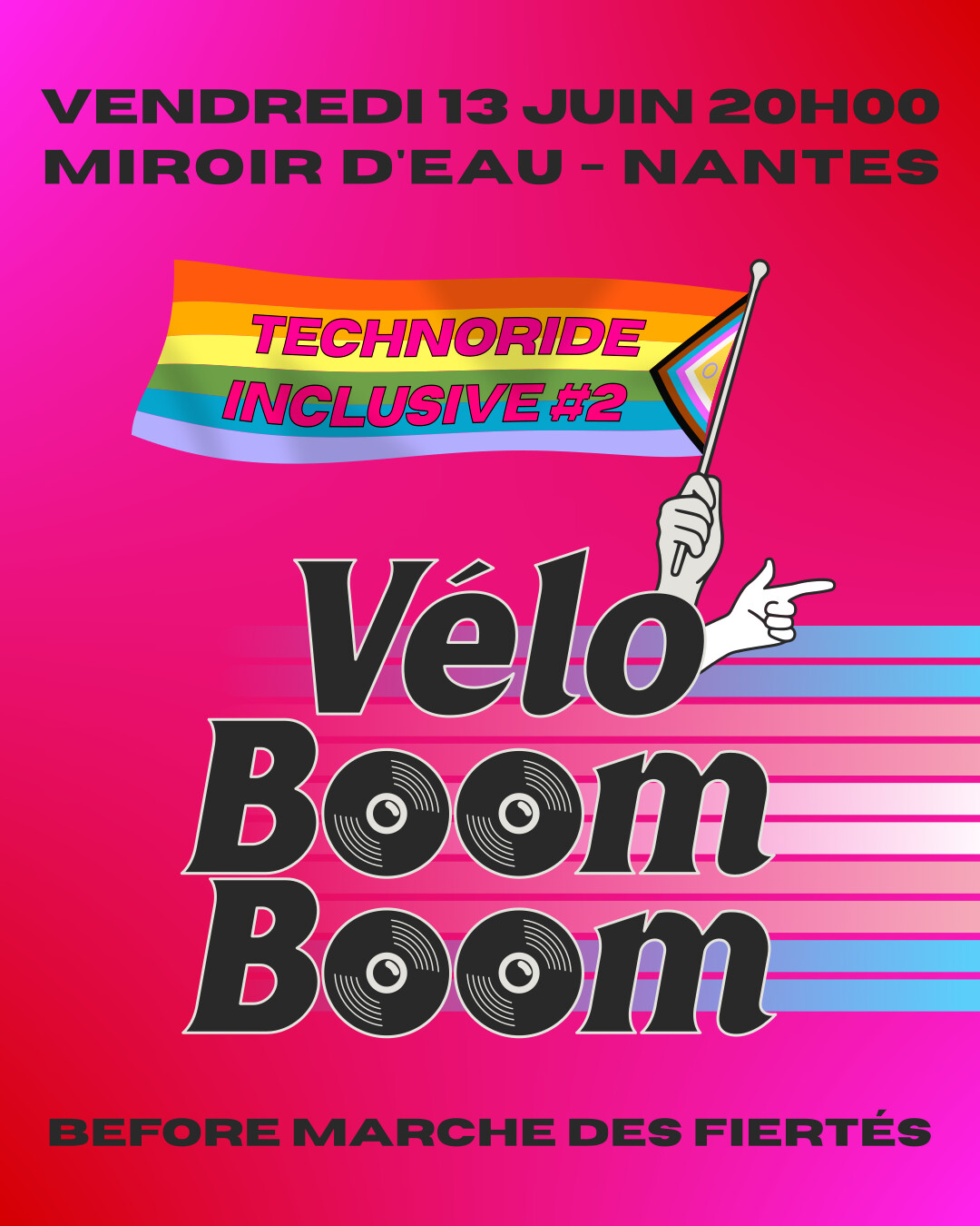 Vendredi 13 juin 20h00 au miroir d'eau à Nantes. Technoride inclusive 2ème édition. Vélo boom boom, before marche des fiertés.