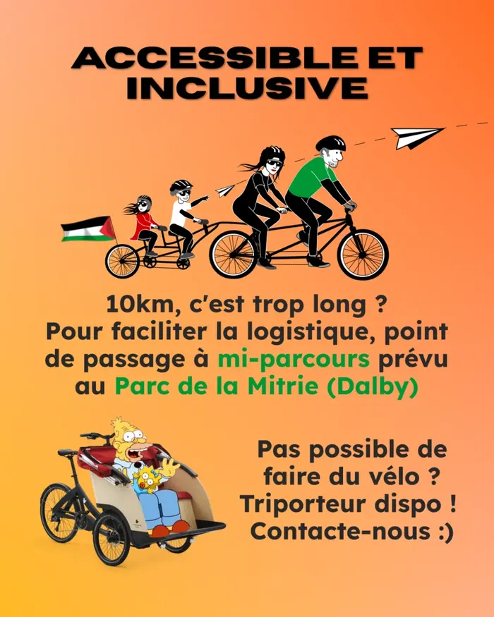 Accessible et inclusive : 10km, c'est trop long ? pour faciliter la logistique, point de passage à mi-parcours prévu au parc de la mitrie à Dalby. Pas possible de faire du vélo ? Un triporteur est dispo ! Contacte-nous !