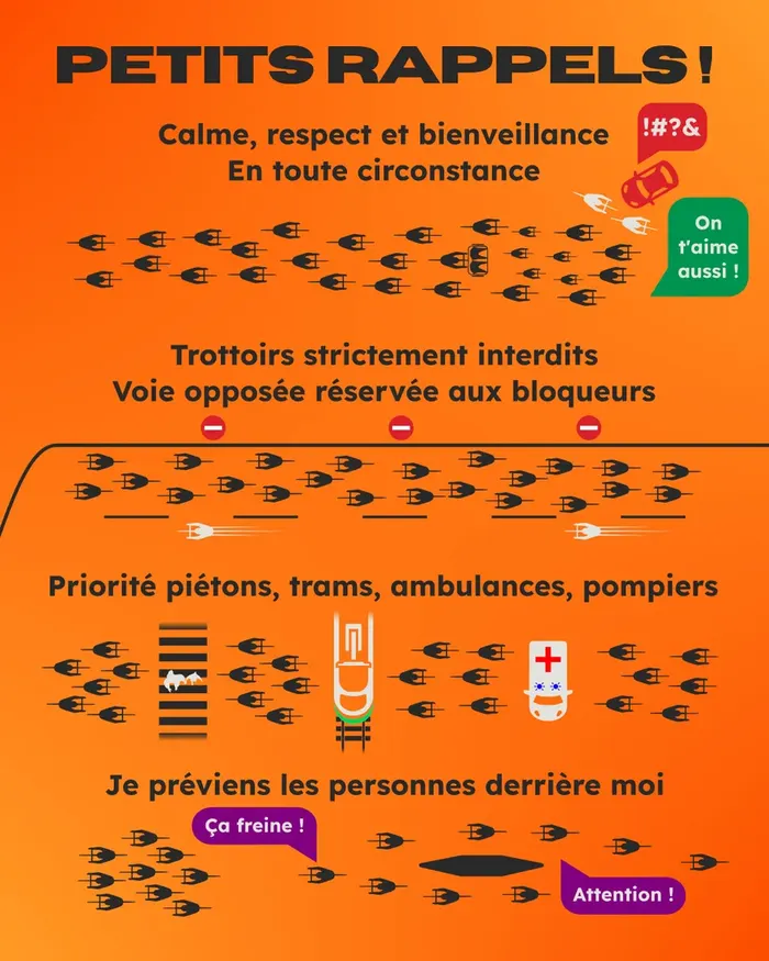 Petits rappels de sécurité ! Calme, respect, bienveillance en tout circonstance. Trottoirs strictement interdits, voie opposée réservée aux bloqueurs. Priorité piétons, trams, ambulances, pompiers, je préviens les personnes derrière moi.
